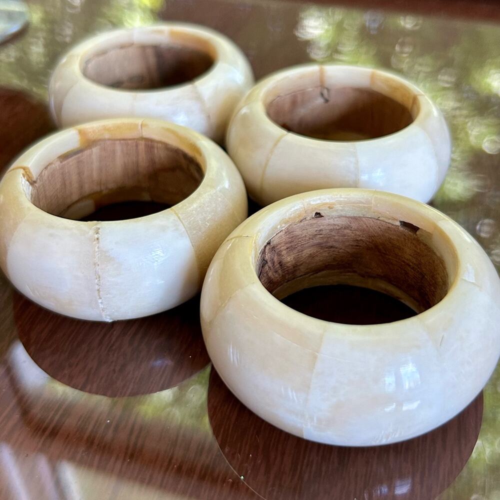 Vintage AUDREY Napkin Rings Soap Stone with Wood Core Set of 4